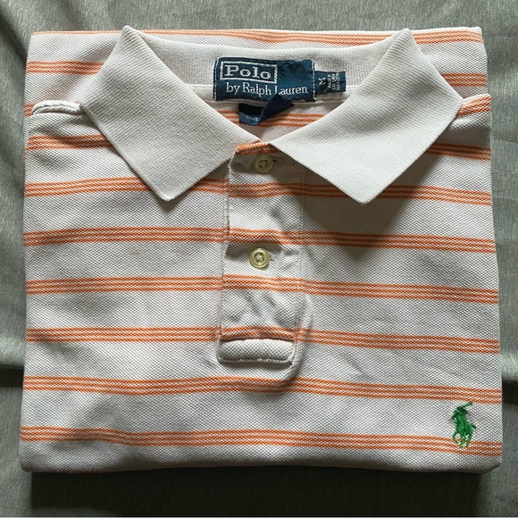 VTG Polo by Ralph Lauren Orange Striped Shirt Green Logo Medium - Picture 1 of 2